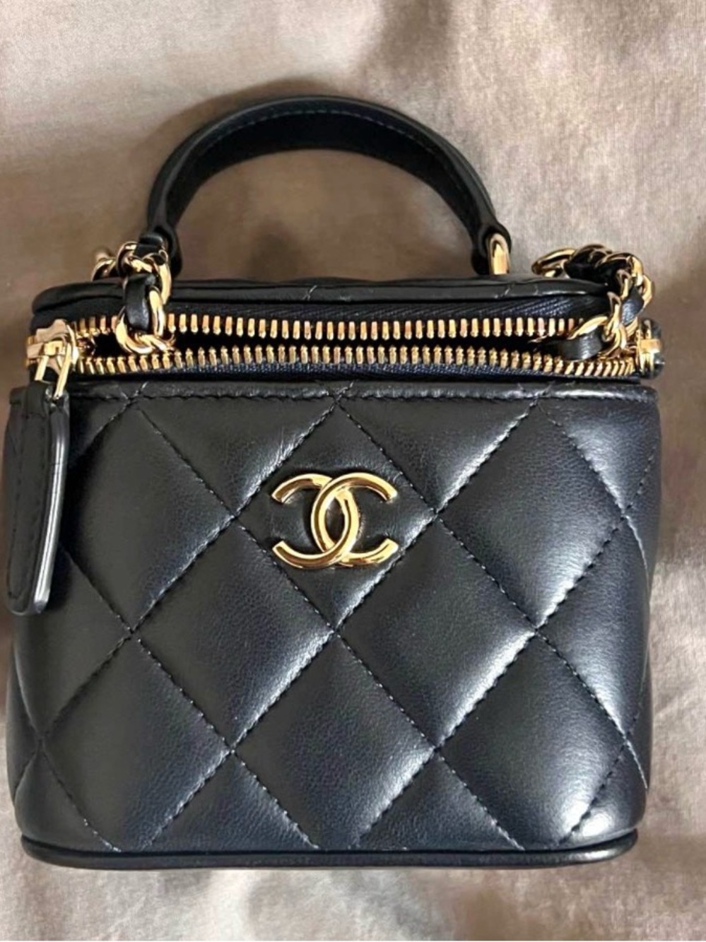 Authentic Chanel Dark Navy Lambskin Quilted Vanity Top-Handle Bag with Gold